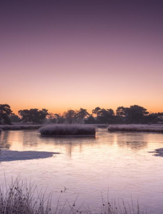 Hermosa puesta de sol sobre un paisaje gélido de río y árboles cerca de Valkenburg, Limburgo, Países Bajos.