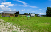 Tienda safari con baño en Boerderijcamping de Hinde, Países Bajos, rodeada de césped y caravanas.