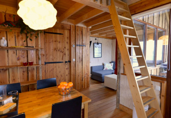 Træhusinteriør med spisebord, stige til hems og store vinduer på Camping de Koeksebelt, Nederlandene.