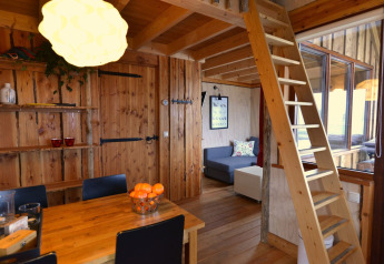 Træhusinteriør med spisebord, stige til hems og store vinduer på Camping de Koeksebelt, Nederlandene.