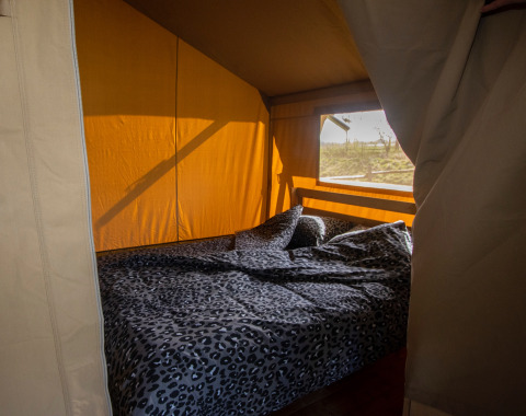 Interior view of a safari tent with double bed and blanket at Camping Catsop, Netherlands.