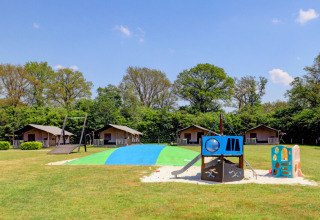 Parco giochi e bungalow al Camping Dal van de Mosbeek, parco vacanze a Overijssel, Paesi Bassi, circondato dal verde.