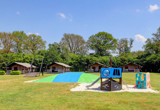 Parco giochi e bungalow al Camping Dal van de Mosbeek, parco vacanze a Overijssel, Paesi Bassi, circondato dal verde.