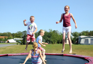 Bambini saltano e giocano su un trampolino al Camping Dal van de Mosbeek, parco vacanze in Overijssel, Paesi Bassi.