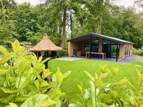 Family Lodge Deluxe en De Thijmse Berg, Países Bajos, con cabaña moderna y jardín verde frondoso.