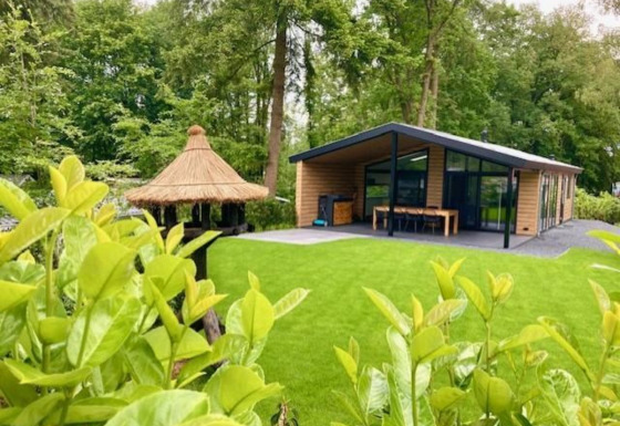 Family Lodge Deluxe en De Thijmse Berg, Países Bajos, con cabaña moderna y jardín verde frondoso.
