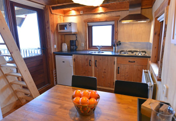 Modern kitchen and dining area in a tree house at Camping de Koeksebelt, Netherlands, with fruit bowl.