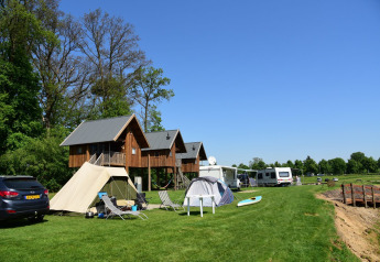 Cabanes dans les arbres, tentes et caravanes au Camping de Koeksebelt, Pays-Bas, par une journée ensoleillée.