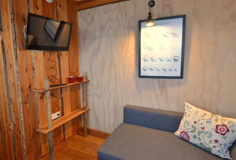 Rincón acogedor en la casa del árbol con sofá, cojín decorativo, TV y arte mural en Camping de Koeksebelt.