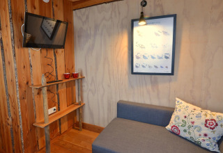 Træhusets hyggelige hjørne med sofa, dekorativ pude, vægkunst, tv og træhylder på Camping de Koeksebelt.