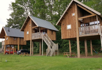 Baumhäuser auf Stelzen bei Camping de Koeksebelt in den Niederlanden, mit grüner Umgebung.