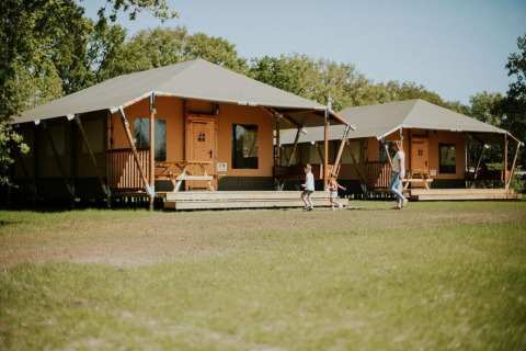 Tiendas safari en Camping Si-Es-An (Países Bajos), niños y adulto disfrutando al aire libre y naturaleza.