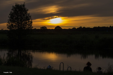Puesta de sol tras árboles junto al lago cerca de la casa del árbol en Camping de Koeksebelt, Países Bajos.