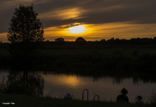 Puesta de sol tras árboles junto al lago cerca de la casa del árbol en Camping de Koeksebelt, Países Bajos.