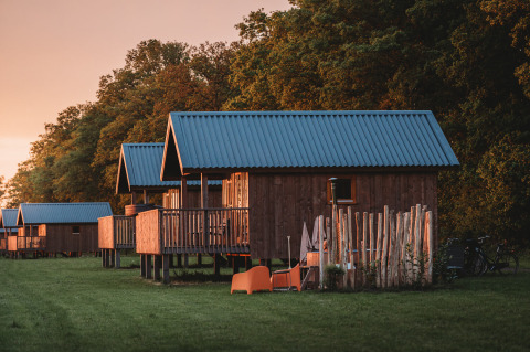 Wellness lodge en Ackerlodges Ruinerwold BV, Países Bajos, cabañas de madera y fondo de bosque al atardecer.