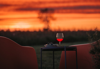 Solnedgang ved Wellness lodge på Ackerlodges Ruinerwold BV med et glas vin og snacks på bordet.