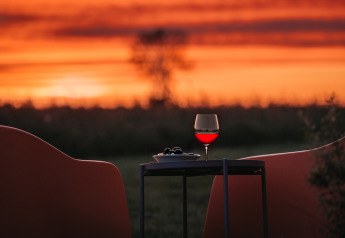 Solnedgang ved Wellness lodge på Ackerlodges Ruinerwold BV med et glas vin og snacks på bordet.