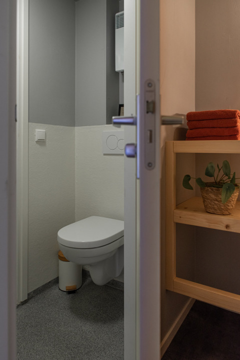 Modernes Badezimmer mit wandmontiertem WC, grauen Wänden und Handtüchern in der Wellness Lodge.