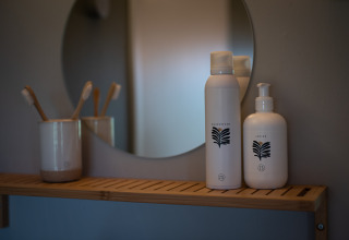 Estante de baño con artículos de tocador y cepillos de dientes frente a un espejo en Wellness Lodge en Ackerlodges Ruinerwold.