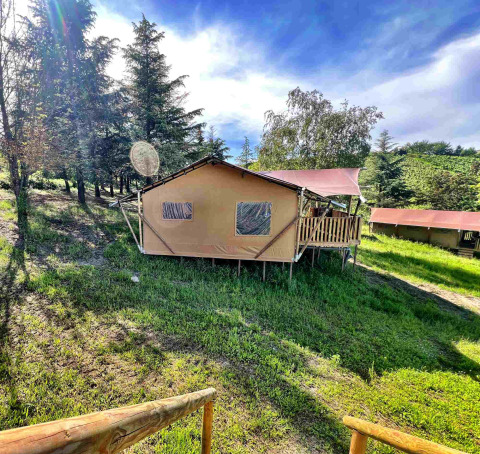 Tente safari glamping sur une colline verte avec des arbres et un ciel bleu en arrière-plan en plein soleil.