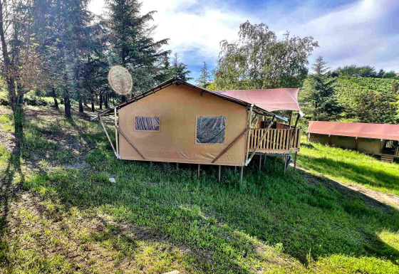 Tenda safari glamping su una collina erbosa con alberi e cielo blu sullo sfondo in una giornata di sole.