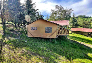 Tienda glamping tipo safari en una colina verde, rodeada de árboles y cielo azul en un día soleado.