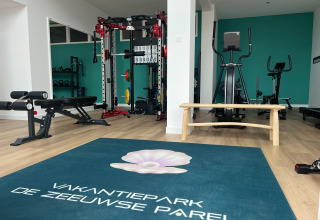 Palestra presso Vakantiepark de Zeeuwse Parel, Zelanda, Paesi Bassi, con attrezzi fitness e panca in legno.