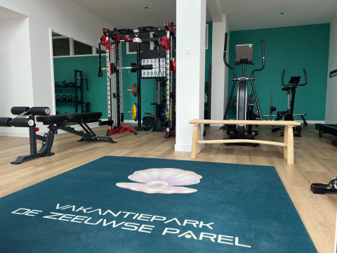 Palestra presso Vakantiepark de Zeeuwse Parel, Zelanda, Paesi Bassi, con attrezzi fitness e panca in legno.