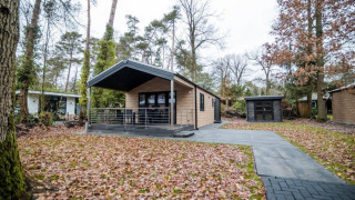 Terraza Chalet en Bospark Markelo, Países Bajos, rodeado de bosque y hojas caídas en otoño.