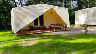 Lodge Glamping Coco Sweet con terraza y mesa de picnic, rodeada de césped verde y árboles bajo el sol.