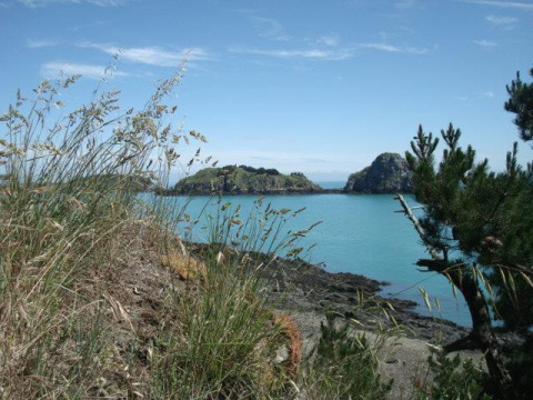 Paisaje costero cerca de Baguer Pican - Dol de Bretagne en Bretaña, Francia, con aguas turquesas y vegetación.