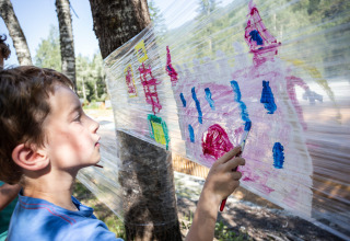 Dreng maler på plastikfilm spændt mellem træer i solen, feriepark Huttopia Bozel en Vanoise, Frankrig.