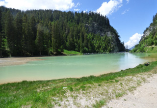 Malereischer See mit klarem Wasser und bewaldeten Hügeln bei Bozel in Auvergne-Rhône-Alpes, Frankreich.
