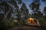 Vista nocturna de la tienda safari Bungalow Classic en Huttopia Fontvieille, Francia, rodeada de pinos altos.
