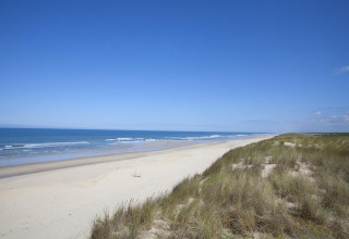 Ruhiger Sandstrand und Dünen am Meer bei Carcans, Nouvelle-Aquitaine, Frankreich, unter blauem Himmel.
