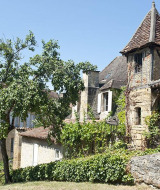 Casa de piedra antigua con tejado inclinado y plantas verdes cerca de Sarlat-la-Canéda, Nouvelle-Aquitaine, Francia.