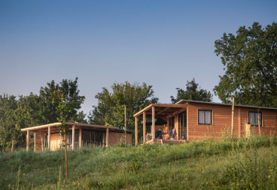 Twee houten chalets, waaronder Chalet Ottawa, op een grasheuvel met bomen en een heldere lucht eromheen.