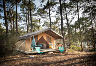 Safari tent Toile&Bois tent Sweet at Huttopia Lac de Carcans, France, set in a pine forest camping area.