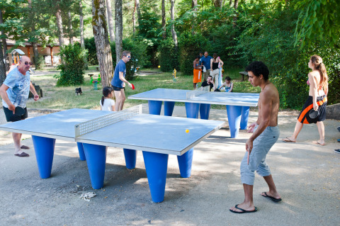 Personas juegan al tenis de mesa al aire libre en un parque vacacional rodeado de árboles y familias.
