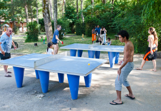 Folk spiller bordtennis udendørs i en feriepark med grønne træer og familier i baggrunden.