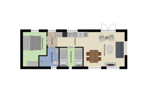 Plano de una cabaña con dos dormitorios, un baño, cocina y sala de estar moderna con muebles cómodos.