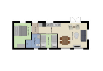 Plano de una cabaña con dos dormitorios, un baño, cocina y sala de estar moderna con muebles cómodos.