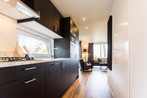 Cucina moderna e soggiorno nel lodge Module Wood Hottub al Bospark Ede, Paesi Bassi, arredo elegante.