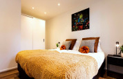 Moderne lodge-slaapkamer met tweepersoonsbed, gouden deken, stijlvolle kussens en kleurrijk kunstwerk.