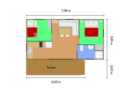 Grundplan over Mobile home Vancouver med to soveværelser, badeværelse, køkken og terrasse, målt op.