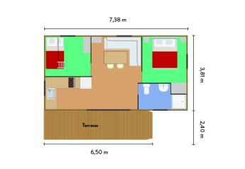 Grondplan van Mobile home Vancouver met twee slaapkamers, badkamer, keuken en terras, inclusief maten.