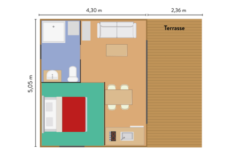 Plantegning af Chalet Victoria med terrasse, soveværelse, badeværelse, køkken og stue, Huttopia Gorges du Verdon.