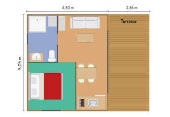 Plattegrond van Chalet Victoria met terras, slaapkamer, badkamer, keuken en woonkamer bij Huttopia Gorges du Verdon.