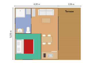Floor plan of Chalet Victoria with terrace, bedroom, bathroom, kitchen and living area at Huttopia Gorges du Verdon.