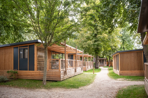 Cabañas de madera y vegetación en Camping de Paris, un parque vacacional en Île de France, Francia.